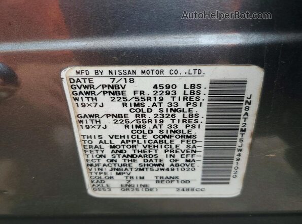 JN8AT2MT5JW491020 2018 NISSAN ROGUE Gray VIN sticker view