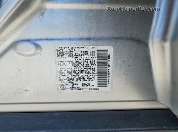 JN8AT2MT6LW007780 2020 NISSAN ROGUE Silver Vista de la etiqueta del VIN