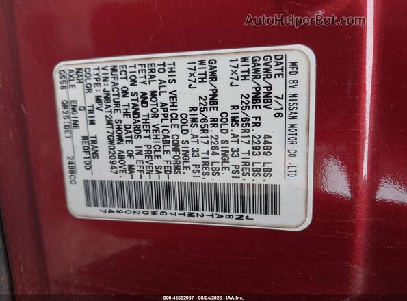 JN8AT2MT7GW020947 2016 NISSAN ROGUE Red Engine compartment view