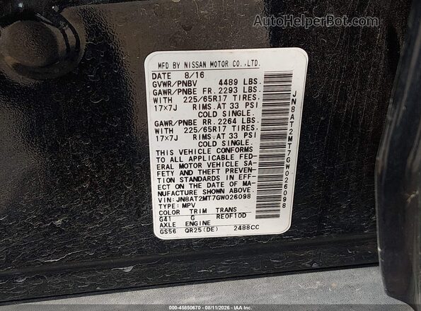 JN8AT2MT7GW026098 2016 NISSAN ROGUE Black Widok komory silnika