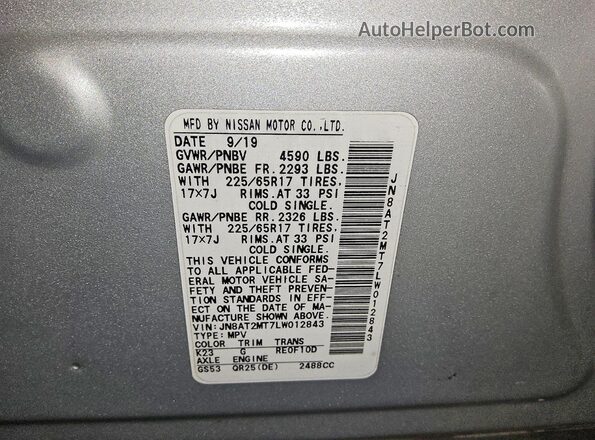 JN8AT2MT7LW012843 2020 NISSAN ROGUE Silver VIN sticker view