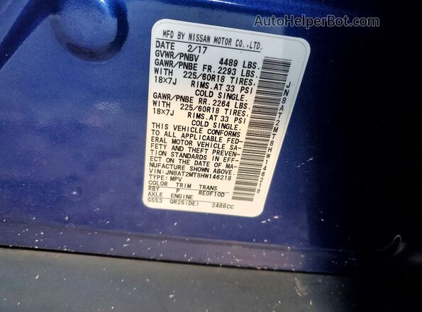 JN8AT2MT8HW146218 2017 NISSAN ROGUE Blue VIN კოდის სტიკერის ხედი
