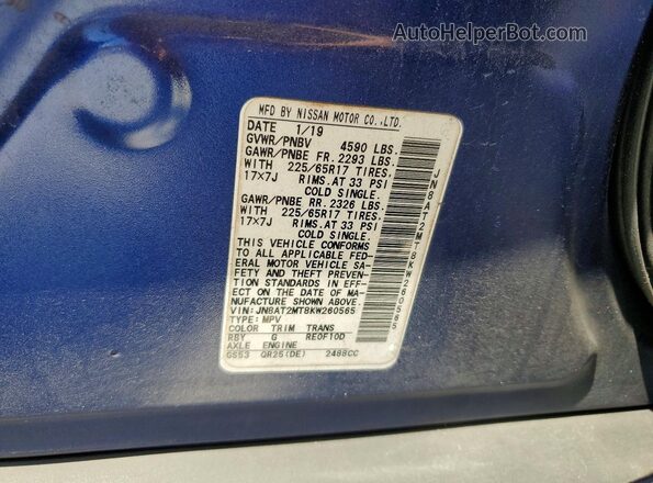 JN8AT2MT8KW260565 2019 NISSAN ROGUE Blue Widok naklejki z numerem VIN