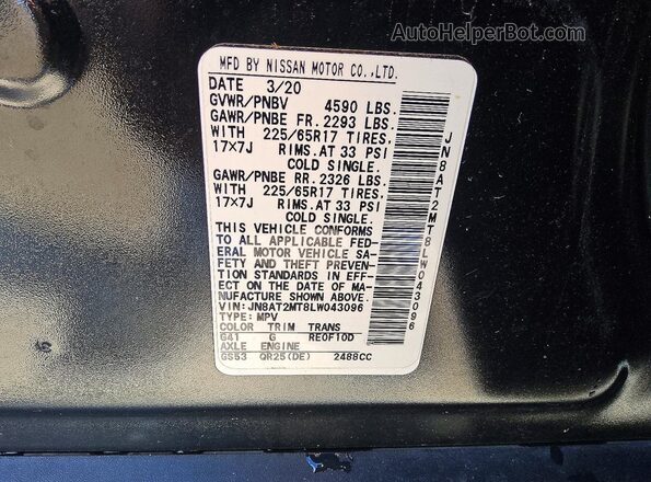 JN8AT2MT8LW043096 2020 NISSAN ROGUE Черный Вид подкапотного пространства