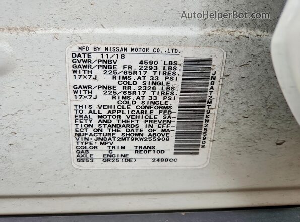 JN8AT2MT9KW255908 2019 NISSAN ROGUE White ძრავის განყოფილების ხედი