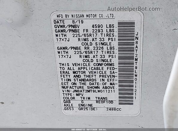 JN8AT2MT9LW011211 2020 NISSAN ROGUE White ძრავის განყოფილების ხედი
