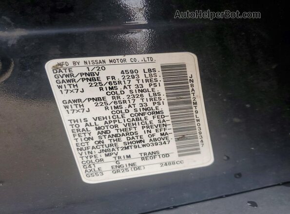 JN8AT2MT9LW039347 2020 NISSAN ROGUE Black Vista de la etiqueta del VIN