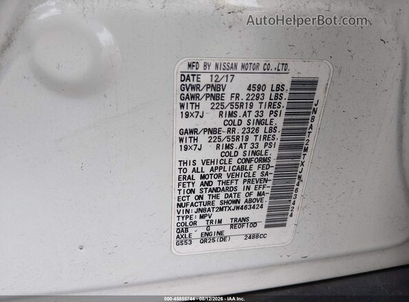 JN8AT2MTXJW463424 2018 NISSAN ROGUE White Widok komory silnika