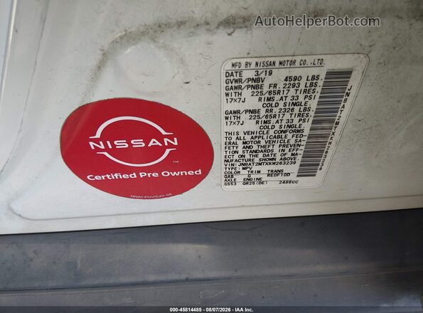 JN8AT2MTXKW263239 2019 NISSAN ROGUE White ძრავის განყოფილების ხედი