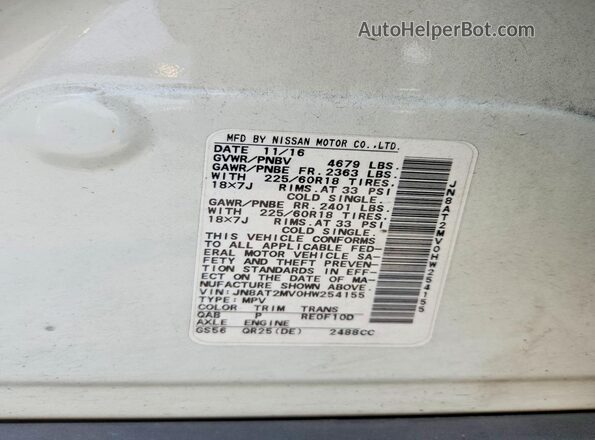 JN8AT2MV0HW254155 2017 NISSAN ROGUE Белый Вид наклейки с VIN-кодом