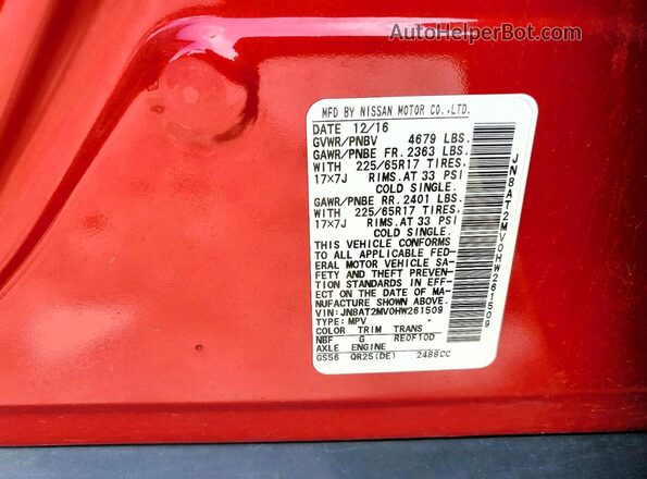 JN8AT2MV0HW261509 2017 NISSAN ROGUE Red Widok naklejki z numerem VIN