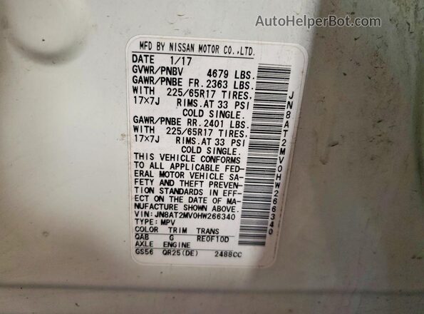 JN8AT2MV0HW266340 2017 NISSAN ROGUE White Widok wnętrza 360 stopni