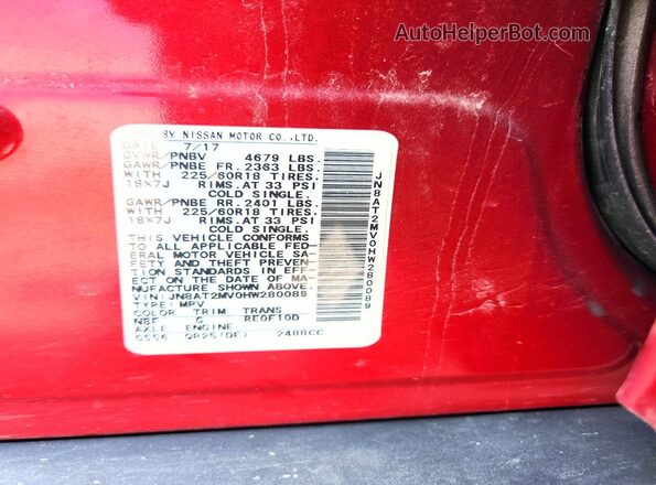 JN8AT2MV0HW280089 2017 NISSAN ROGUE Red Vista de la etiqueta del VIN
