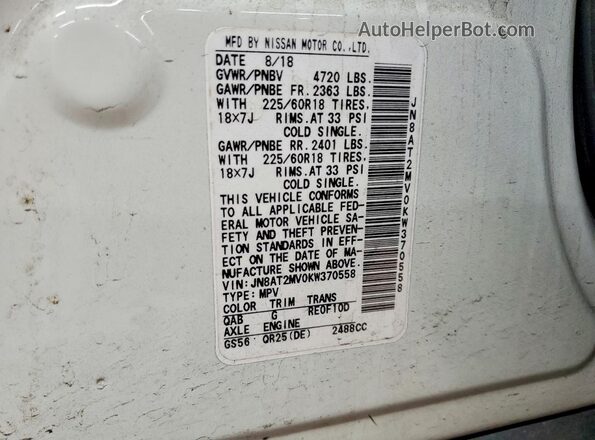 JN8AT2MV0KW370558 2019 NISSAN ROGUE White Вид наклейки з VIN-кодом