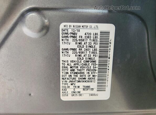 JN8AT2MV0KW390812 2019 NISSAN ROGUE Серый Вид наклейки с VIN-кодом