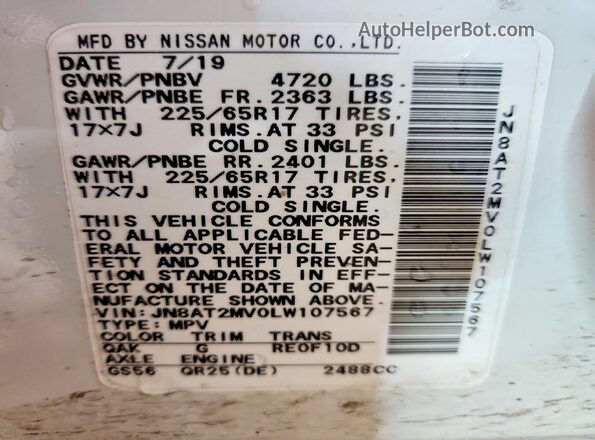 JN8AT2MV0LW107567 2020 NISSAN ROGUE White Vista de la etiqueta del VIN