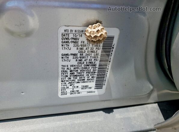 JN8AT2MV1HW001670 2017 NISSAN ROGUE Silver VIN կոդի պիտակի տեսք
