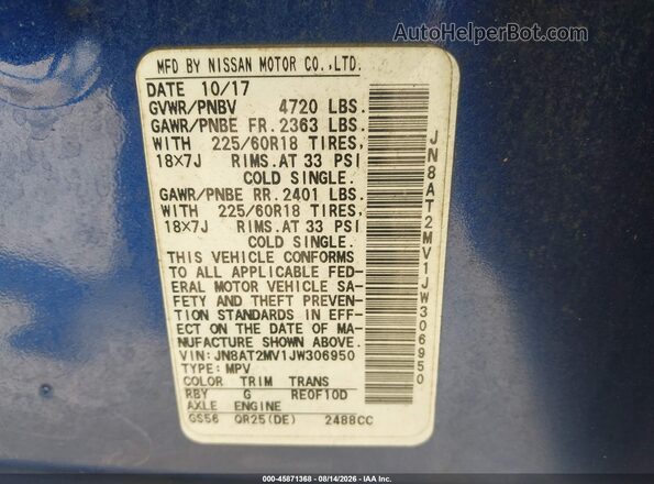 JN8AT2MV1JW306950 2018 NISSAN ROGUE Blue Vista del compartimento del motor