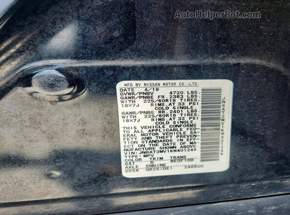 JN8AT2MV1KW401249 2019 NISSAN ROGUE Black VIN კოდის სტიკერის ხედი