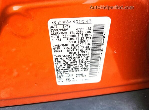 JN8AT2MV1LW101518 2020 NISSAN ROGUE Orange Вид наклейки з VIN-кодом