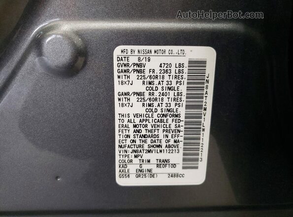 JN8AT2MV1LW112213 2020 NISSAN ROGUE Gray Vista de la etiqueta del VIN