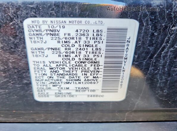 JN8AT2MV1LW120697 2020 NISSAN ROGUE Black VIN კოდის სტიკერის ხედი