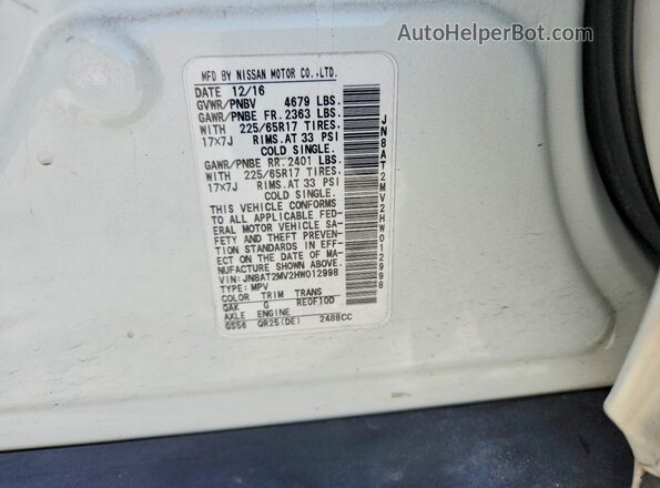 JN8AT2MV2HW012998 2017 NISSAN ROGUE Белый Вид наклейки с VIN-кодом