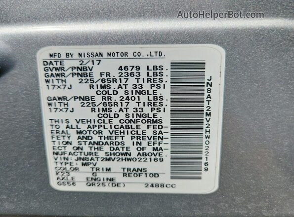 JN8AT2MV2HW022169 2017 NISSAN ROGUE Серебряный Вид наклейки с VIN-кодом