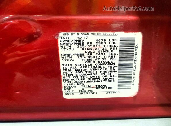 JN8AT2MV2HW275086 2017 NISSAN ROGUE Red Панорамний вид салону 360°