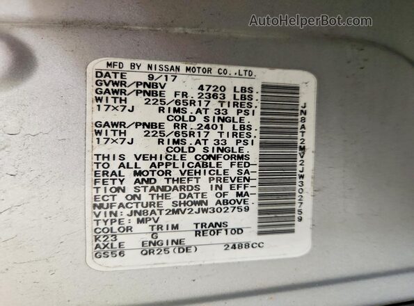 JN8AT2MV2JW302759 2018 NISSAN ROGUE Silver VIN კოდის სტიკერის ხედი
