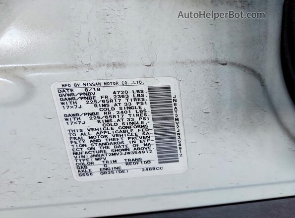 JN8AT2MV2JW354912 2018 NISSAN ROGUE Белый Вид наклейки с VIN-кодом