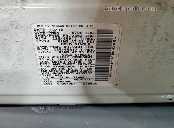JN8AT2MV2LW135287 2020 NISSAN ROGUE White VIN კოდის სტიკერის ხედი