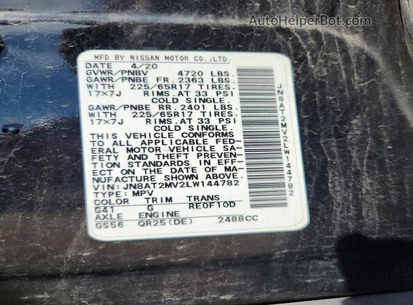 JN8AT2MV2LW144782 2020 NISSAN ROGUE Black VIN sticker view