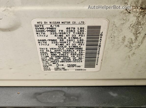 JN8AT2MV3GW132324 2016 NISSAN ROGUE White Widok naklejki z numerem VIN