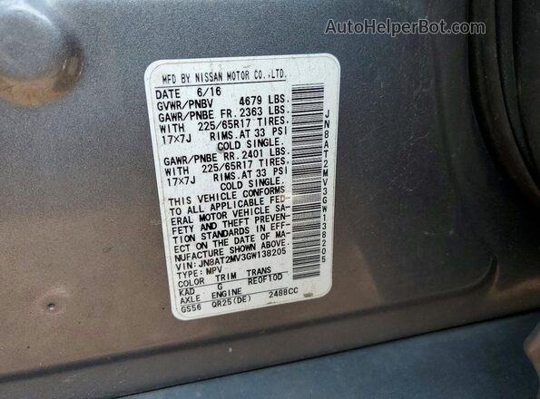 JN8AT2MV3GW138205 2016 NISSAN ROGUE Gray VIN sticker view