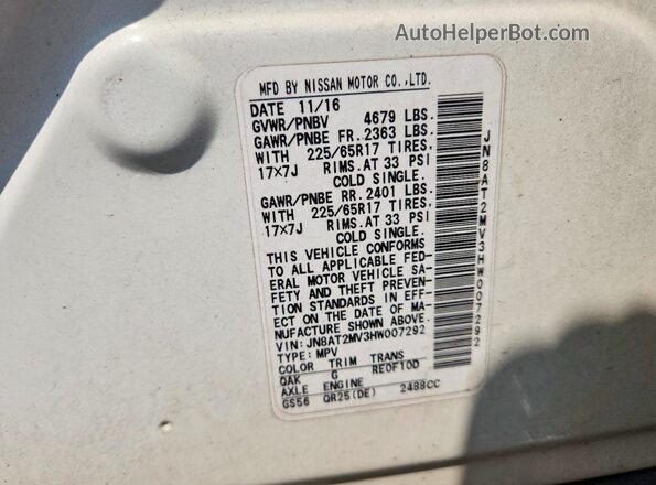 JN8AT2MV3HW007292 2017 NISSAN ROGUE White Widok wnętrza 360 stopni