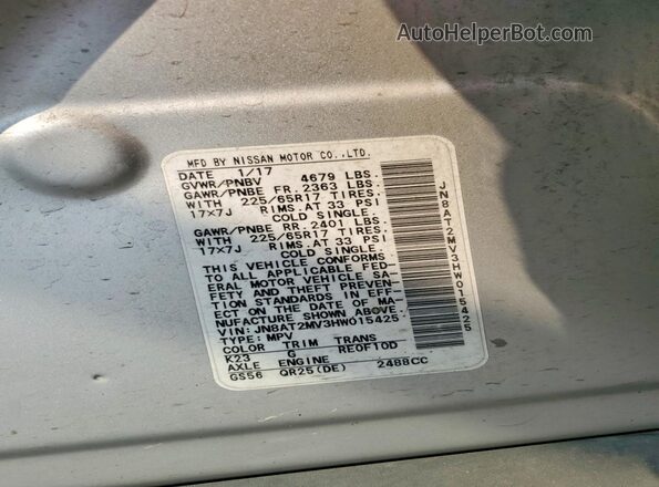 JN8AT2MV3HW015425 2017 NISSAN ROGUE Silver Vista de la etiqueta del VIN