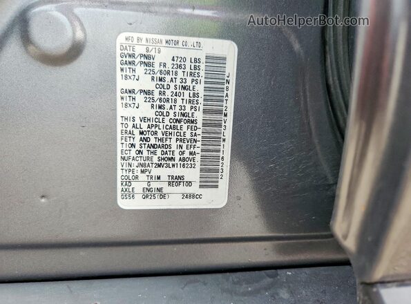 JN8AT2MV3LW116232 2020 NISSAN ROGUE Gray VIN კოდის სტიკერის ხედი