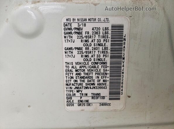 JN8AT2MV4JW326643 2018 NISSAN ROGUE White VIN კოდის სტიკერის ხედი