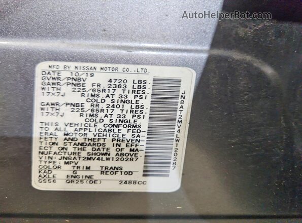 JN8AT2MV4LW120287 2020 NISSAN ROGUE Gray VIN կոդի պիտակի տեսք