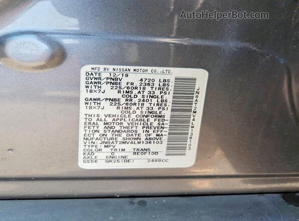 JN8AT2MV4LW136103 2020 NISSAN ROGUE Silver Vista de la etiqueta del VIN