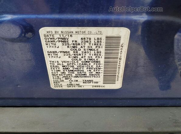 JN8AT2MV5HW007522 2017 NISSAN ROGUE Blue VIN sticker view