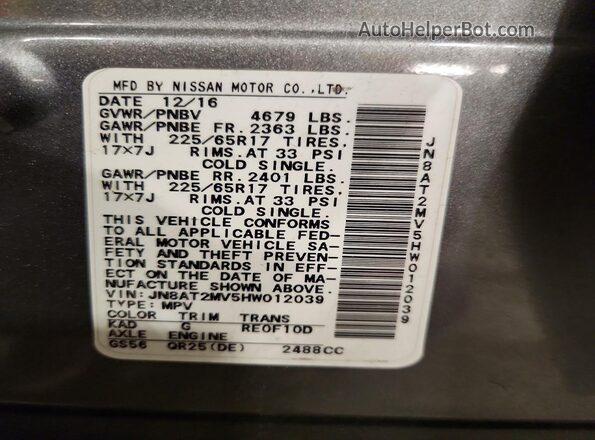 JN8AT2MV5HW012039 2017 NISSAN ROGUE Gray Widok naklejki z numerem VIN