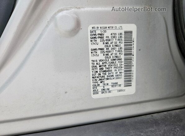 JN8AT2MV5LW138801 2020 NISSAN ROGUE Silver Vista de la etiqueta del VIN