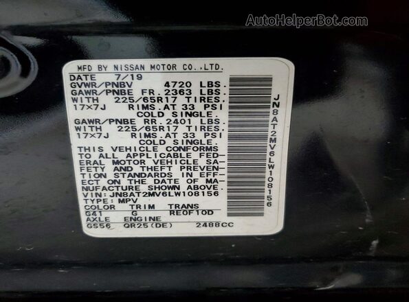 JN8AT2MV6LW108156 2020 NISSAN ROGUE Black VIN կոդի պիտակի տեսք