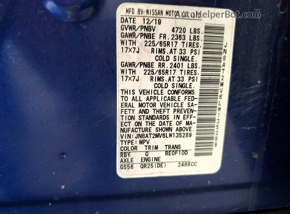 JN8AT2MV6LW135289 2020 NISSAN ROGUE Blue Widok naklejki z numerem VIN