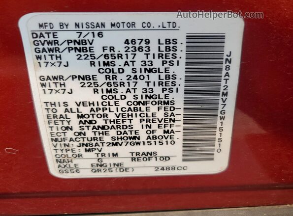 JN8AT2MV7GW151510 2016 NISSAN ROGUE Red VIN sticker view