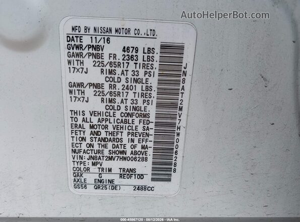 JN8AT2MV7HW006288 2017 NISSAN ROGUE White Շարժիչի բաժամունքի տեսք