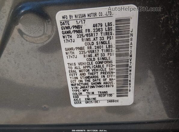 JN8AT2MV7HW016979 2017 NISSAN ROGUE Серый Вид подкапотного пространства