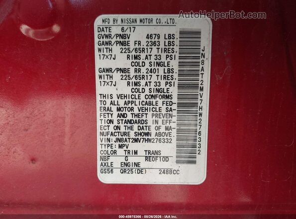 JN8AT2MV7HW276332 2017 NISSAN ROGUE Красный Вид подкапотного пространства